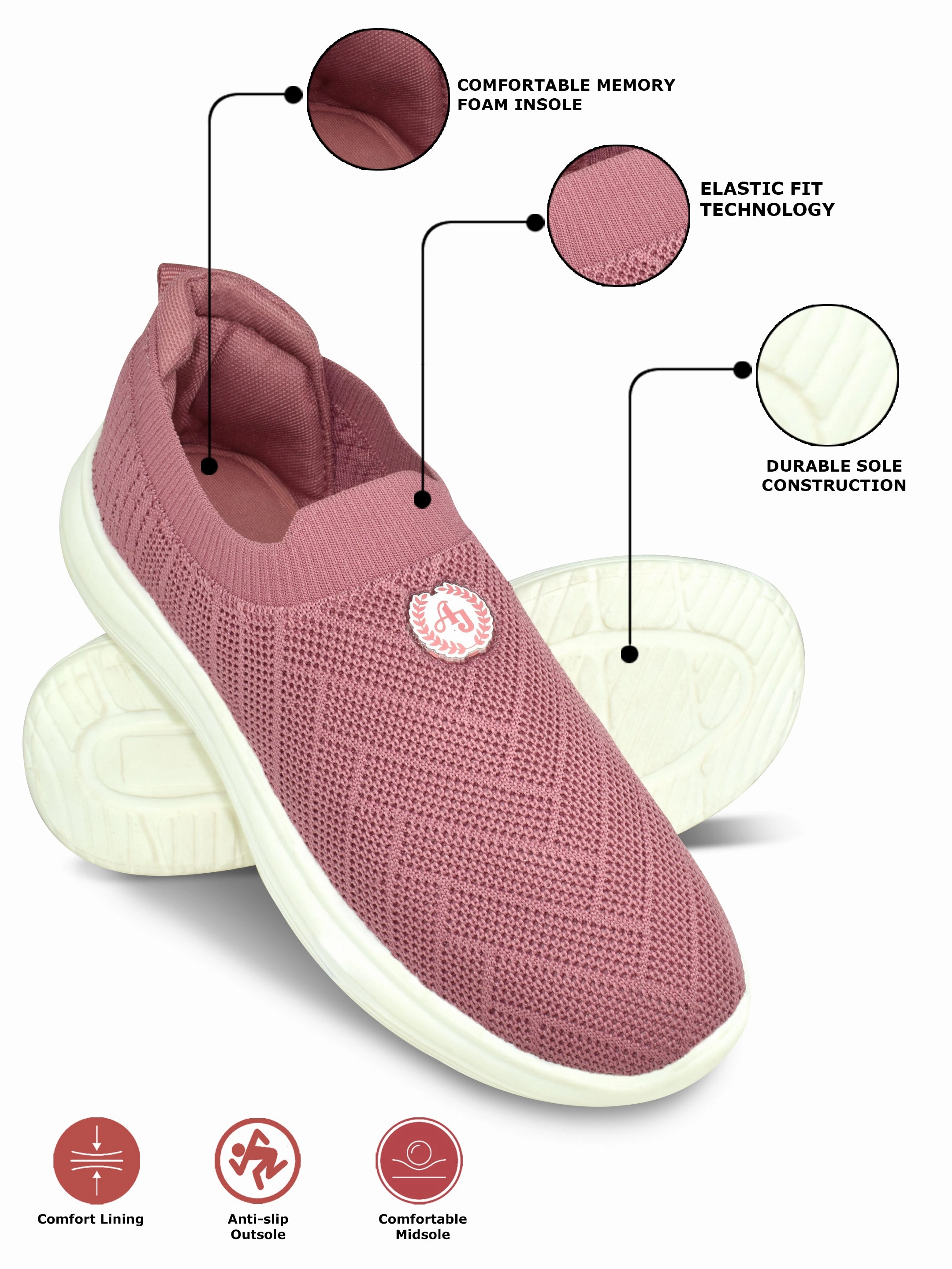 Ajanta Women's Pink Slip-On Casual Shoes | Breathable Mesh Upper | Durable PVC Sole | Lightweight Shoes| Slip on shoes EL5036 All Day Walking Shoes