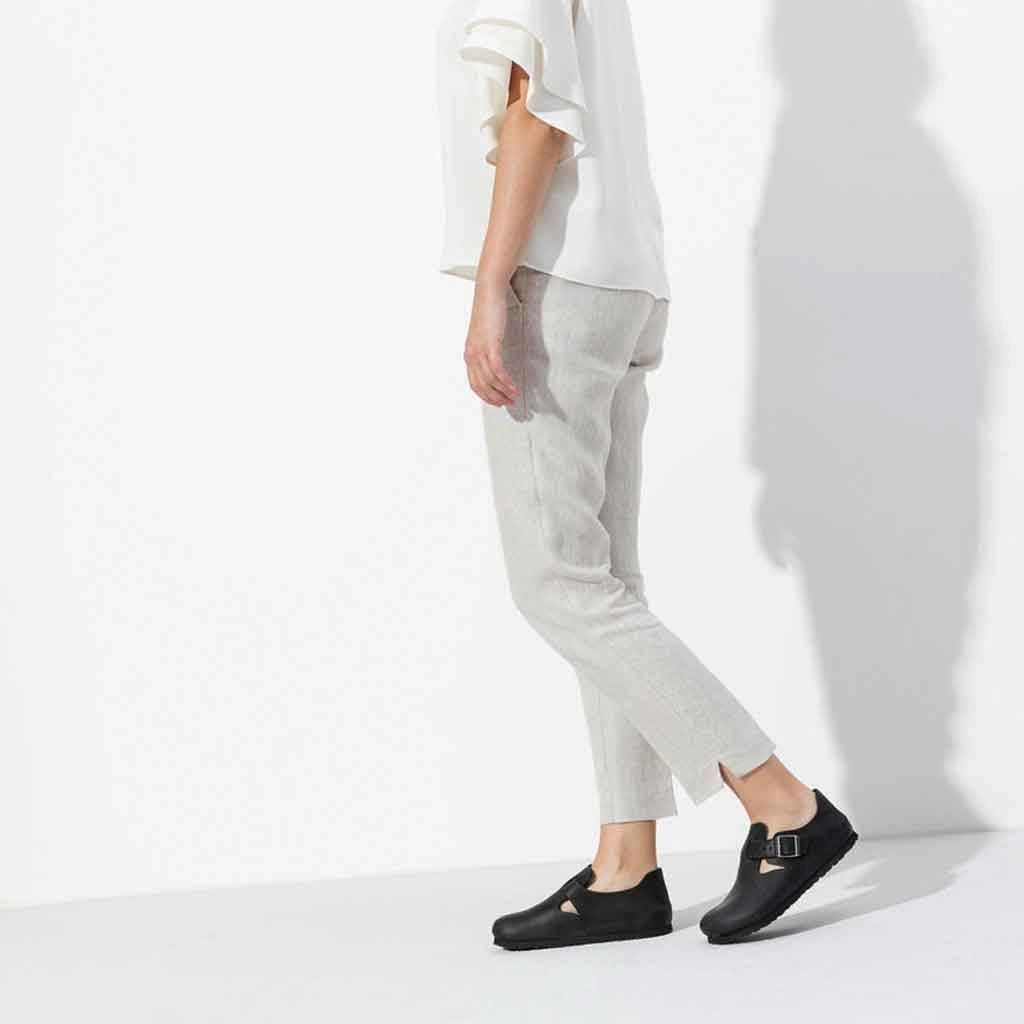 Birkenstock London Clog for Women - Black Leather Tiger Flats Shoes