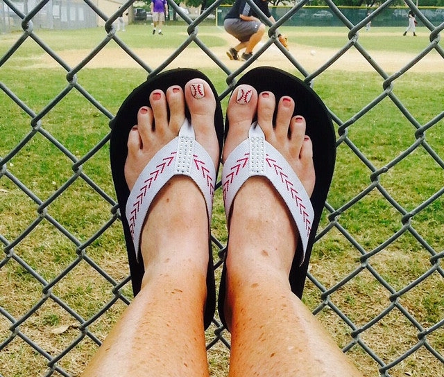 Cocomo Soul Women's Baseball Flip Flops  Rhinestone Fabric Sandals for Baseball Moms Flip Flops On Plane
