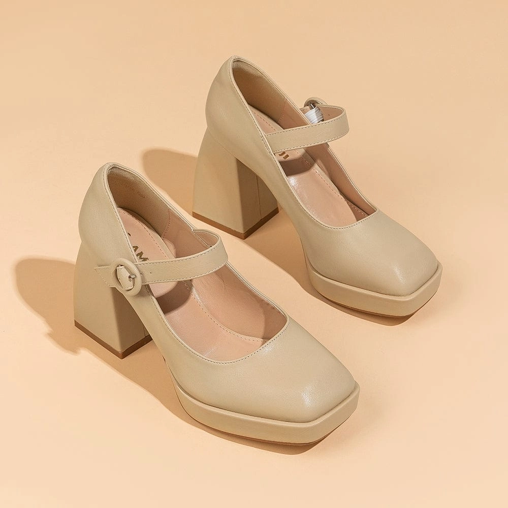 Ancient Greek Sandals Eleftheria Amoji Women's 4 Inch Platform Heels Mary Janes Closed Square Toe High Chunky Heeled Pump Dressy Shoes for Wedding Party 306