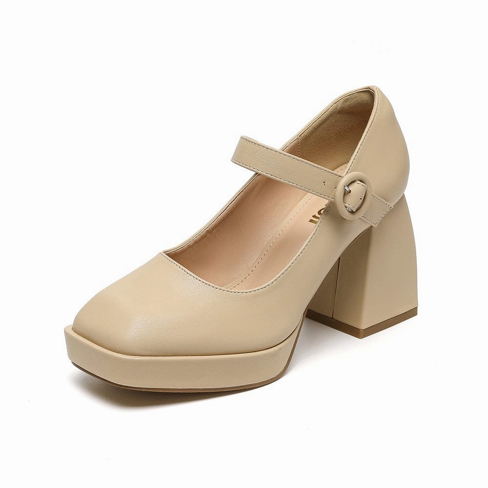Amoji Women's 4 Inch Platform Heels Mary Janes Closed Square Toe High Chunky Heeled Pump Dressy Shoes for Wedding Party 306 Sandals With Support For High Arches