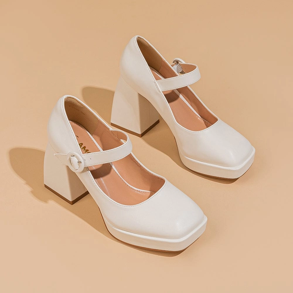 Amoji Women's 4 Inch Platform Heels Mary Janes Closed Square Toe High Chunky Heeled Pump Dressy Shoes for Wedding Party 306 Voya Infinity Sandals