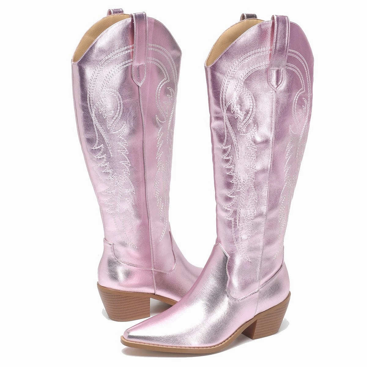 Amoji Women Western Cowboy Boots Cowgirl Knee High Boots Pointed Toe Pull On With Zipper FZ307 Mock Toe Boots