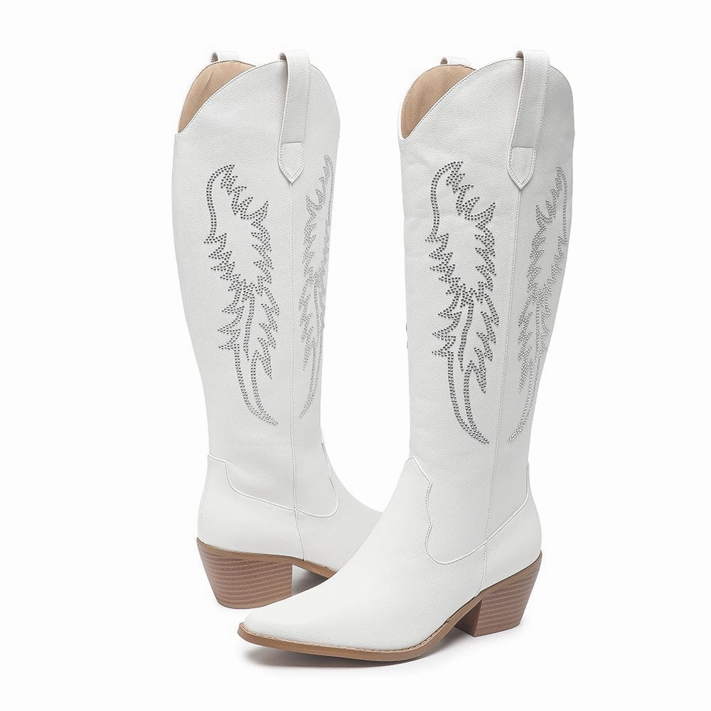 Amoji Women Western Cowboy Boots Cowgirl Knee High Boots Pointed Toe Pull On With Zipper FZ307 Buckled Boots