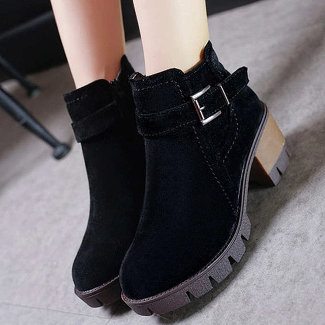 Ankle Buckle Suede Casual Platform Med Heels Shoes Boots Work Boots
