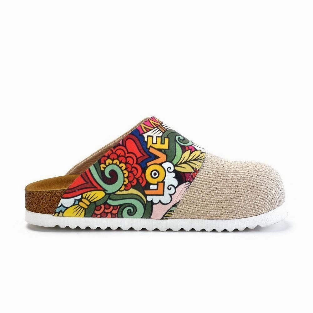 Memory Foam Shoes Beige and Colored Mixed Love Written Patterned Clogs - CAL1801