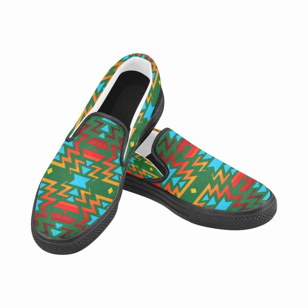 Youth Slip On Shoes Big Pattern Fire Colors and Sky green Men's Unusual Slip-on Canvas Shoes
