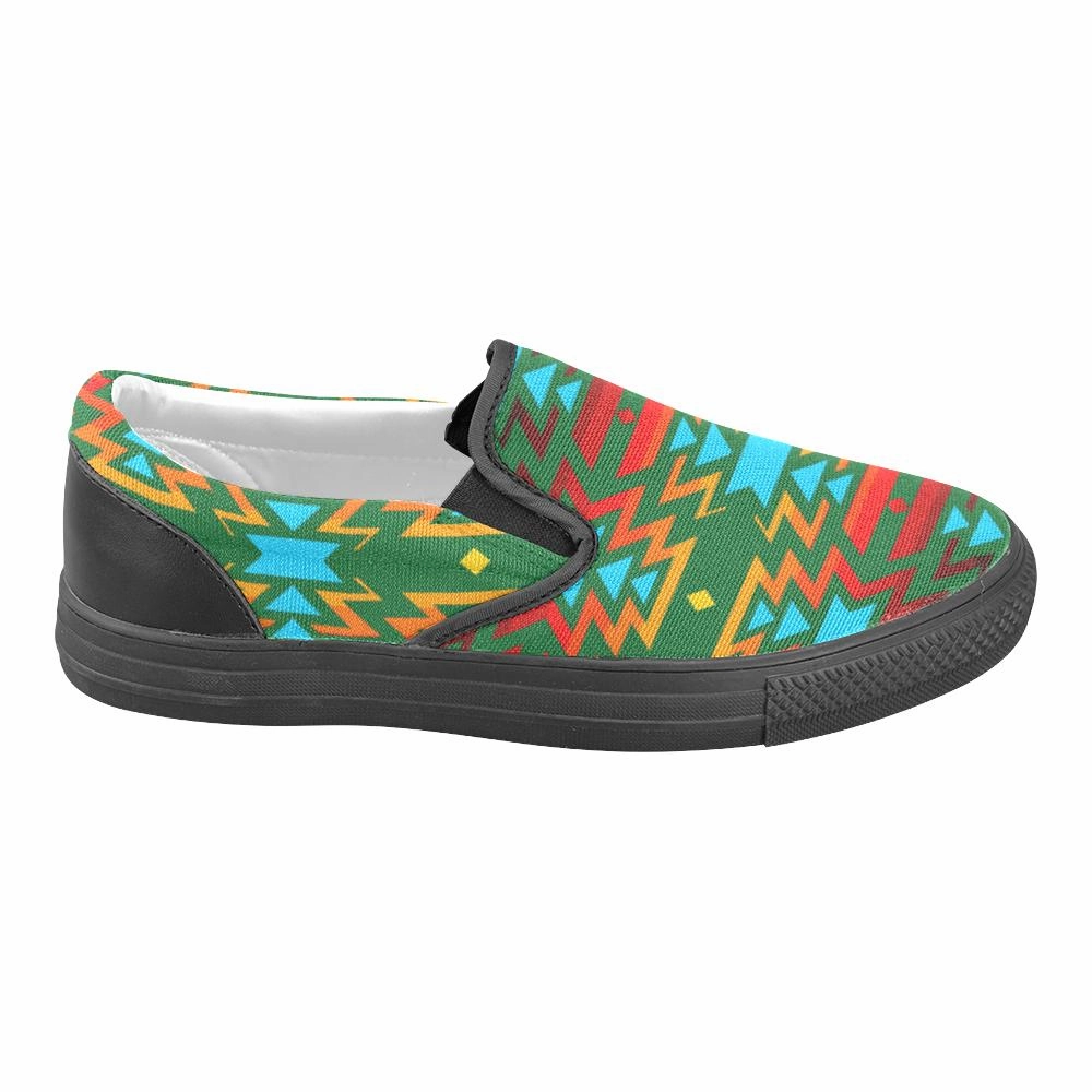 Big Pattern Fire Colors and Sky green Men's Unusual Slip-on Canvas Shoes Checkerboard Classic Slip On Shoes