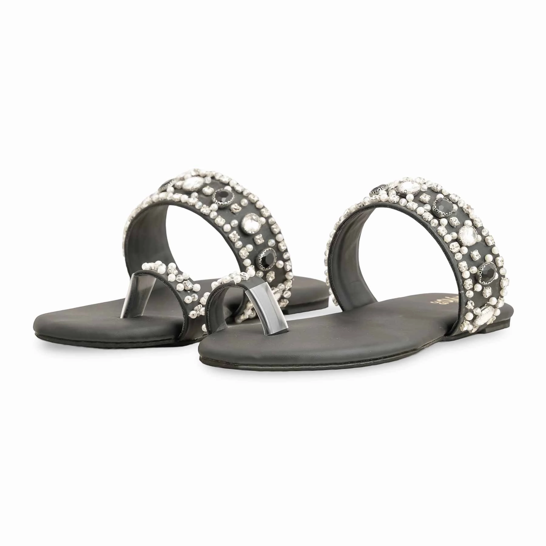 Black Fancy Women Chappal EC0220 Wedding Dress With Flat Shoes