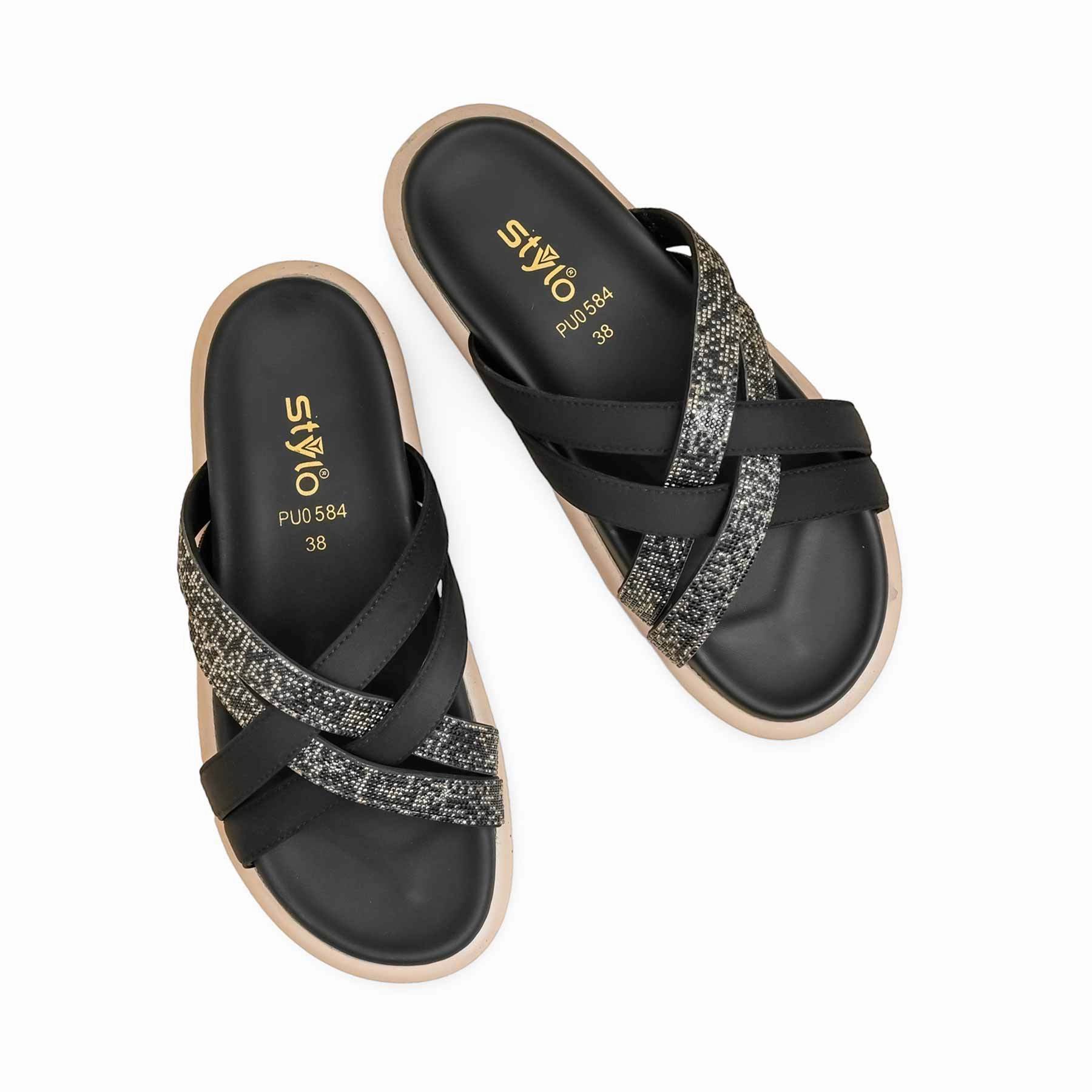 Slides Closed Toe Black Formal Slipper For Ladies PU0584