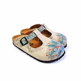 High Heels Square Blue and Purple Colored Mixed Flowers Patterned Clogs - CAL1501