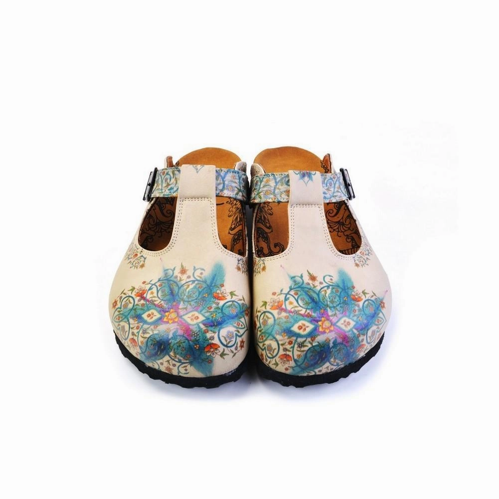 High Heel Ankle Strap Pumps Blue and Purple Colored Mixed Flowers Patterned Clogs - CAL1501