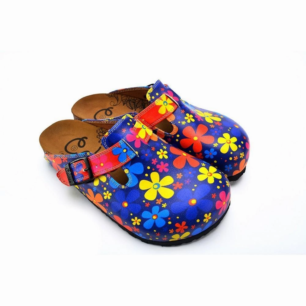 Blue Colored and Colorful Flowers Patterned Clogs - WCAL371 High Heel Sizes