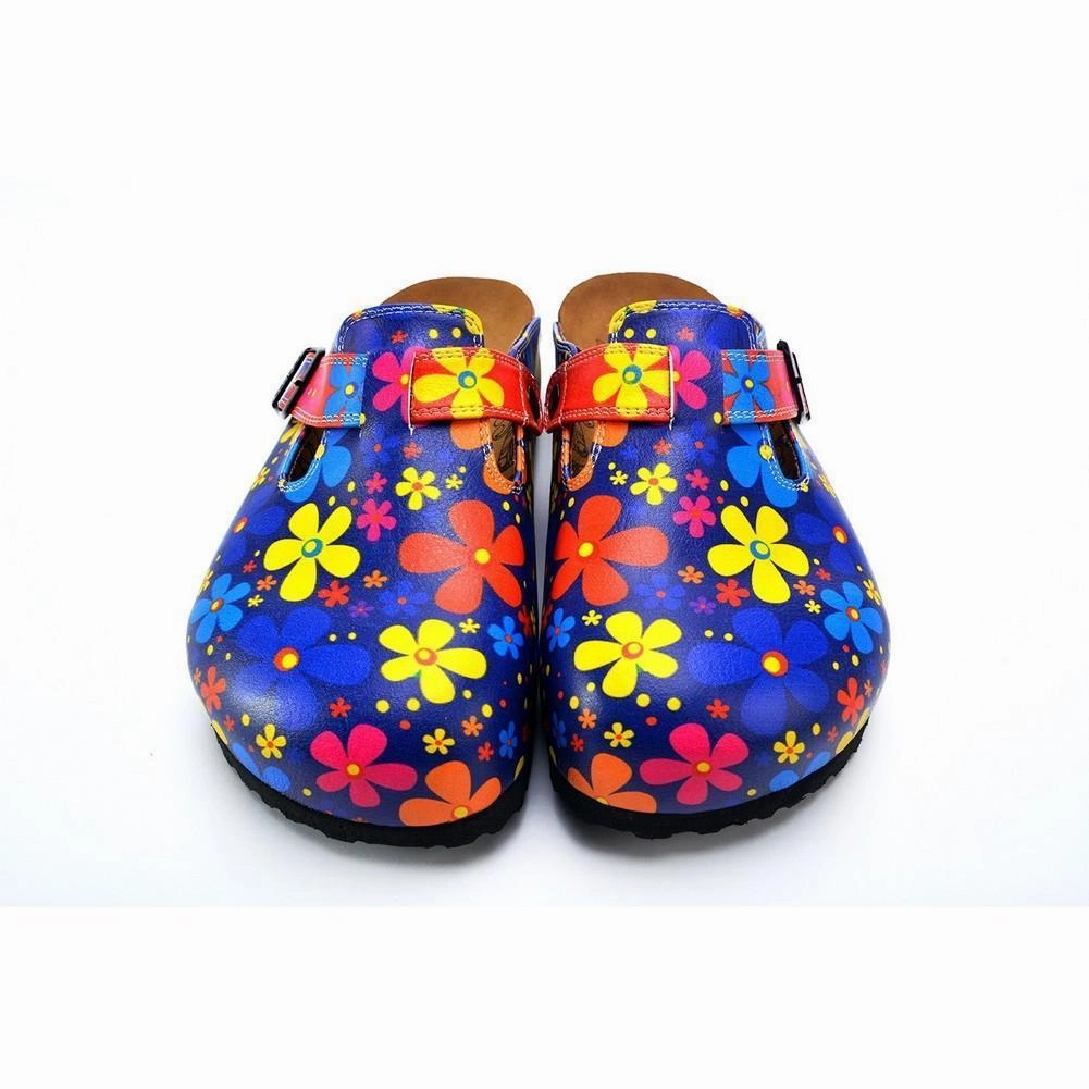 Velvet Heels Blue Colored and Colorful Flowers Patterned Clogs - WCAL371