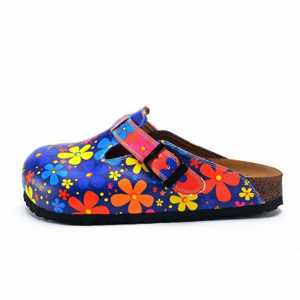 Blue Colored and Colorful Flowers Patterned Clogs - WCAL371 High Heels Footjob