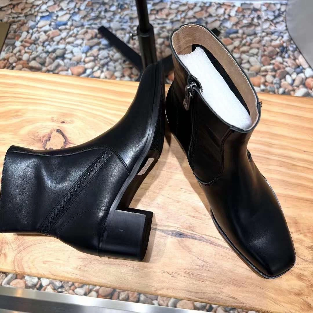 Handcrafted Women Genuine Leather Boots Ankle Square Heels Black Handmade Round Toe Big Size 8 AU/39 EU Shoes Woman Us Combat Boots