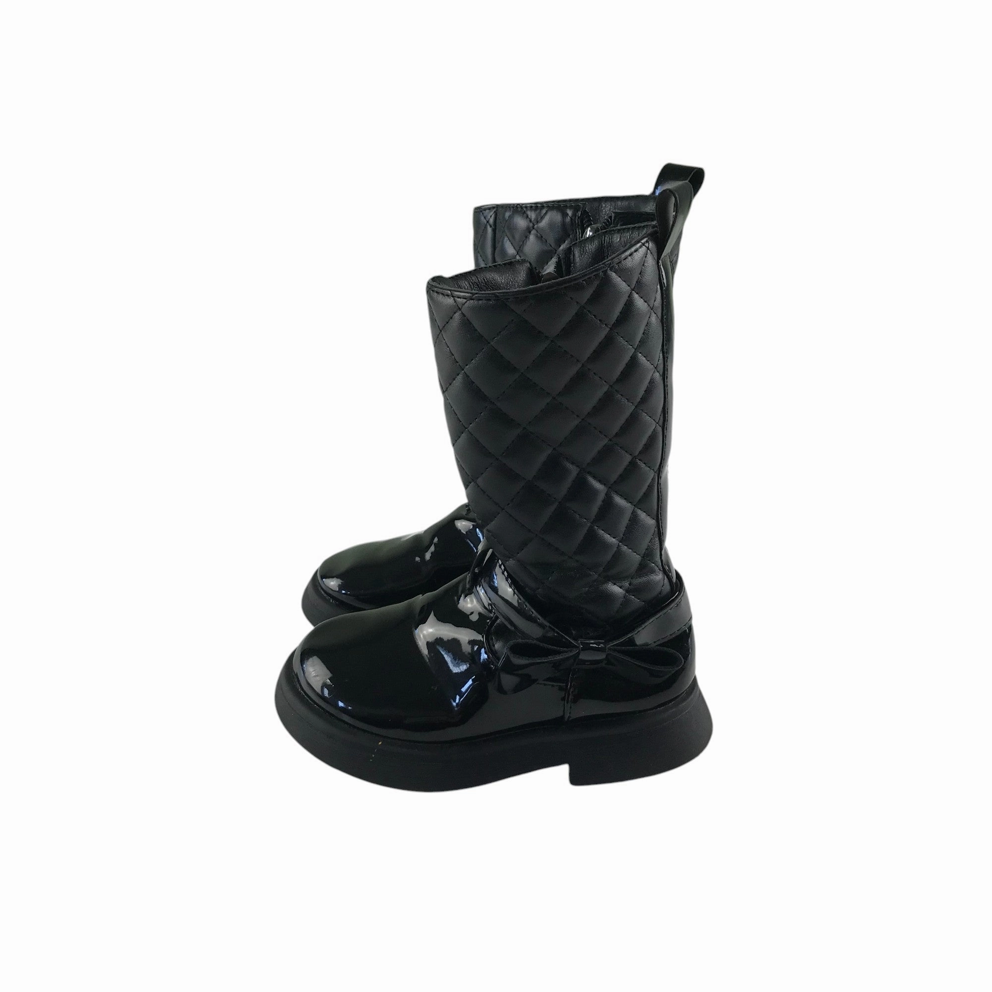 Boots shoe size 9 kids black glossy quilted faux leather calf height Free Soldier Boots