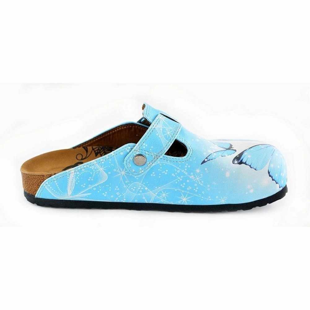 Bright Blue Sky and Black Butterflied Patterned Clogs - WCAL361 High Heels With Diamonds