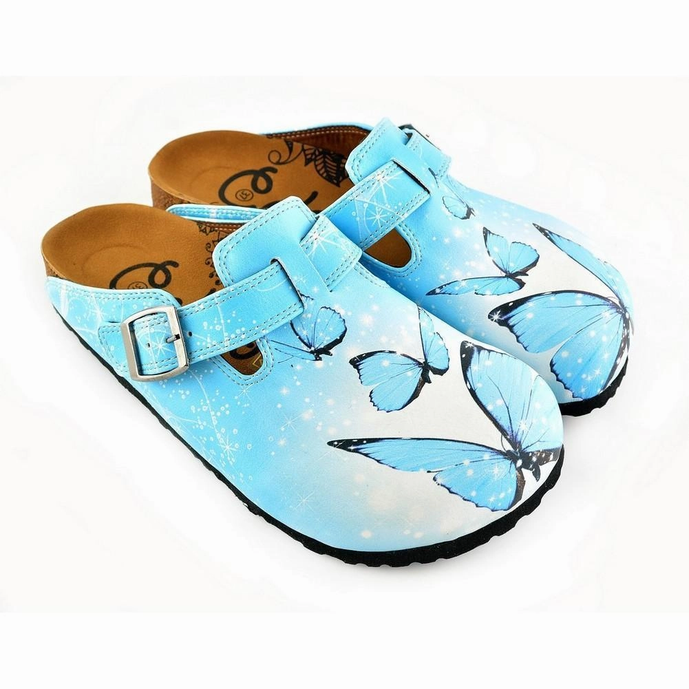 Exotic High Heels Shoes Bright Blue Sky and Black Butterflied Patterned Clogs - WCAL361