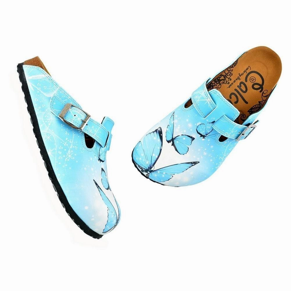 Bright Blue Sky and Black Butterflied Patterned Clogs - WCAL361 Bikini High Heels