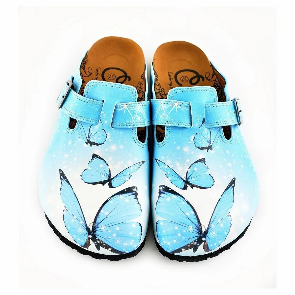 Bright Blue Sky and Black Butterflied Patterned Clogs - WCAL361 Cheap High Heels