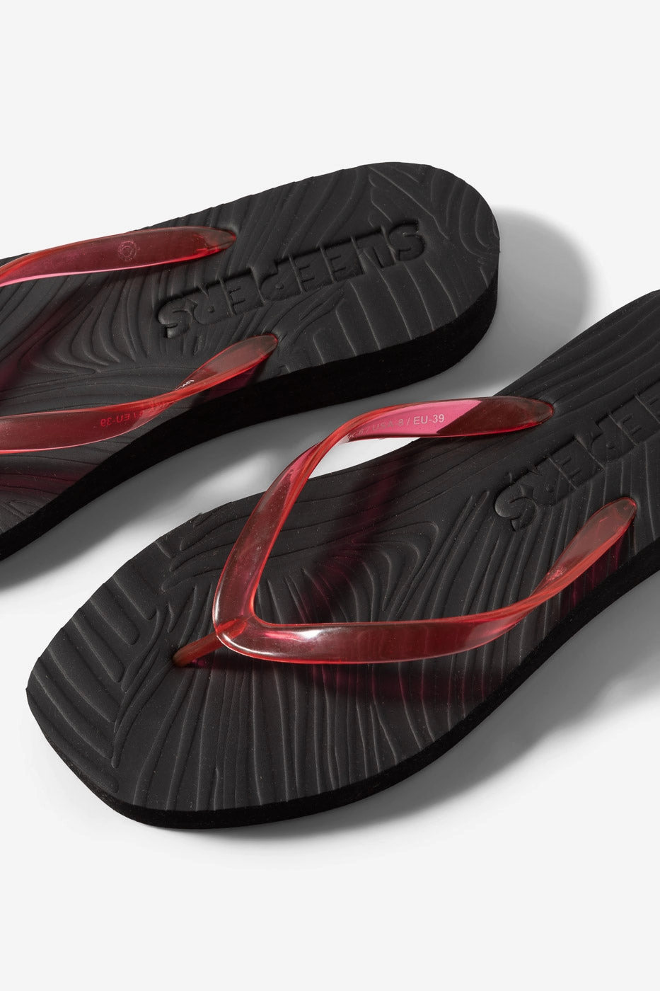 Pyramid Flip Flops Tapered Platform Black with Transparent Red Strap
