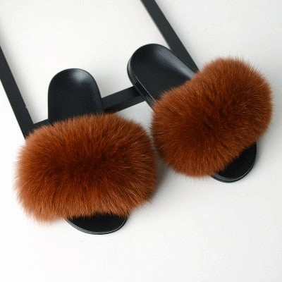 Flat Slippers Genuine Fox Fur