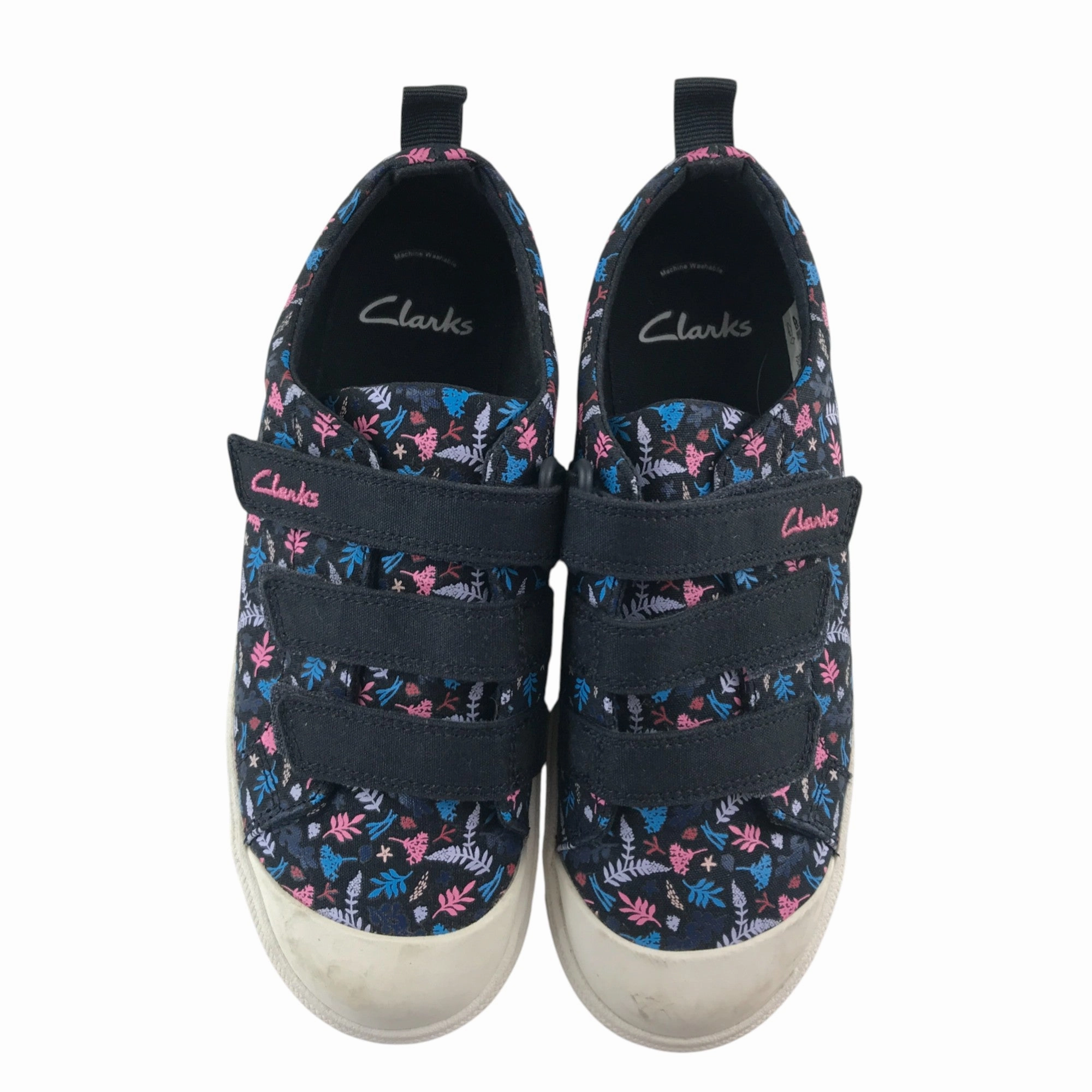 Clarks trainers shoe size 2F junior navy with floral print triple hoop and loop straps Wide Walking