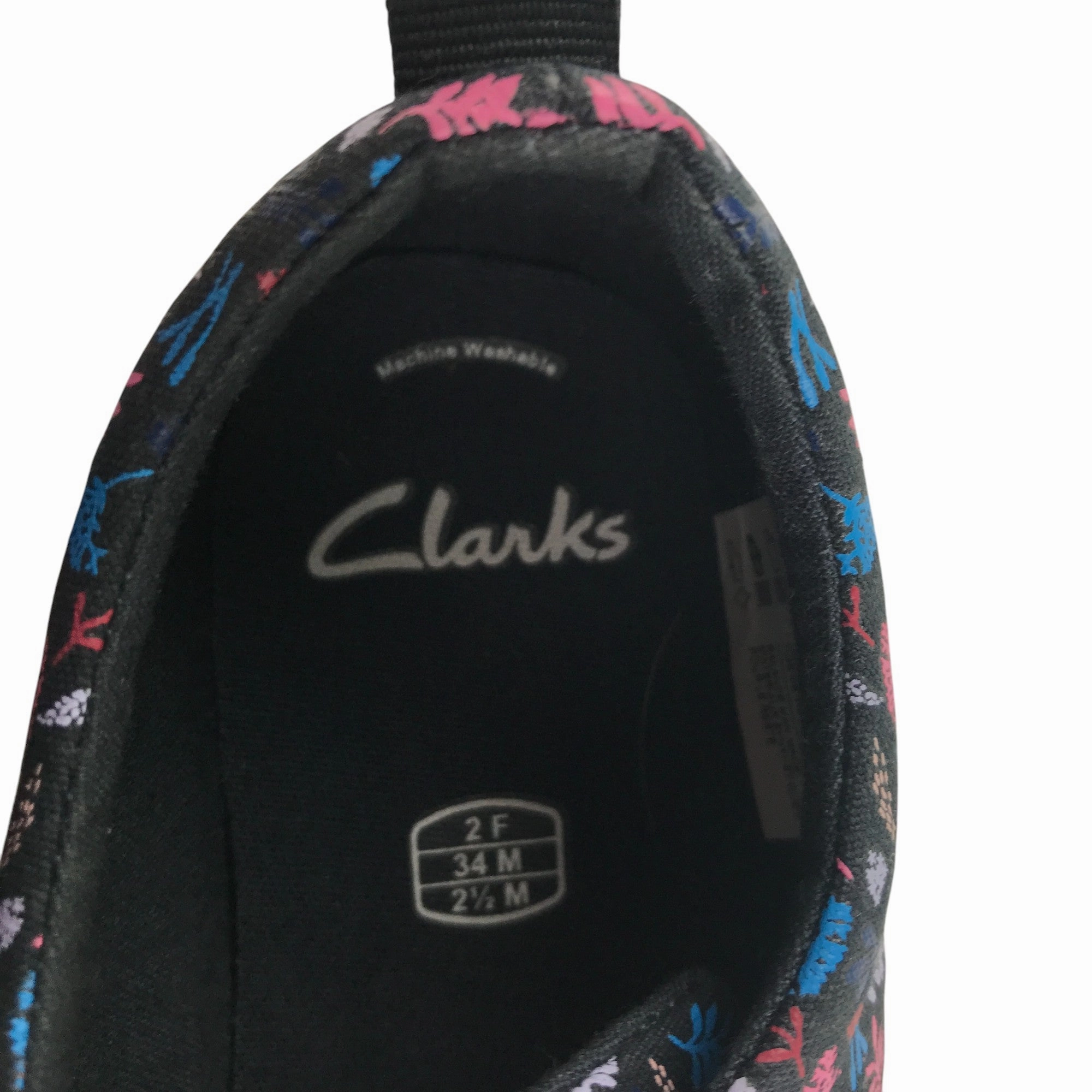Clarks trainers shoe size 2F junior navy with floral print triple hoop and loop straps Kuru Walking Shoes