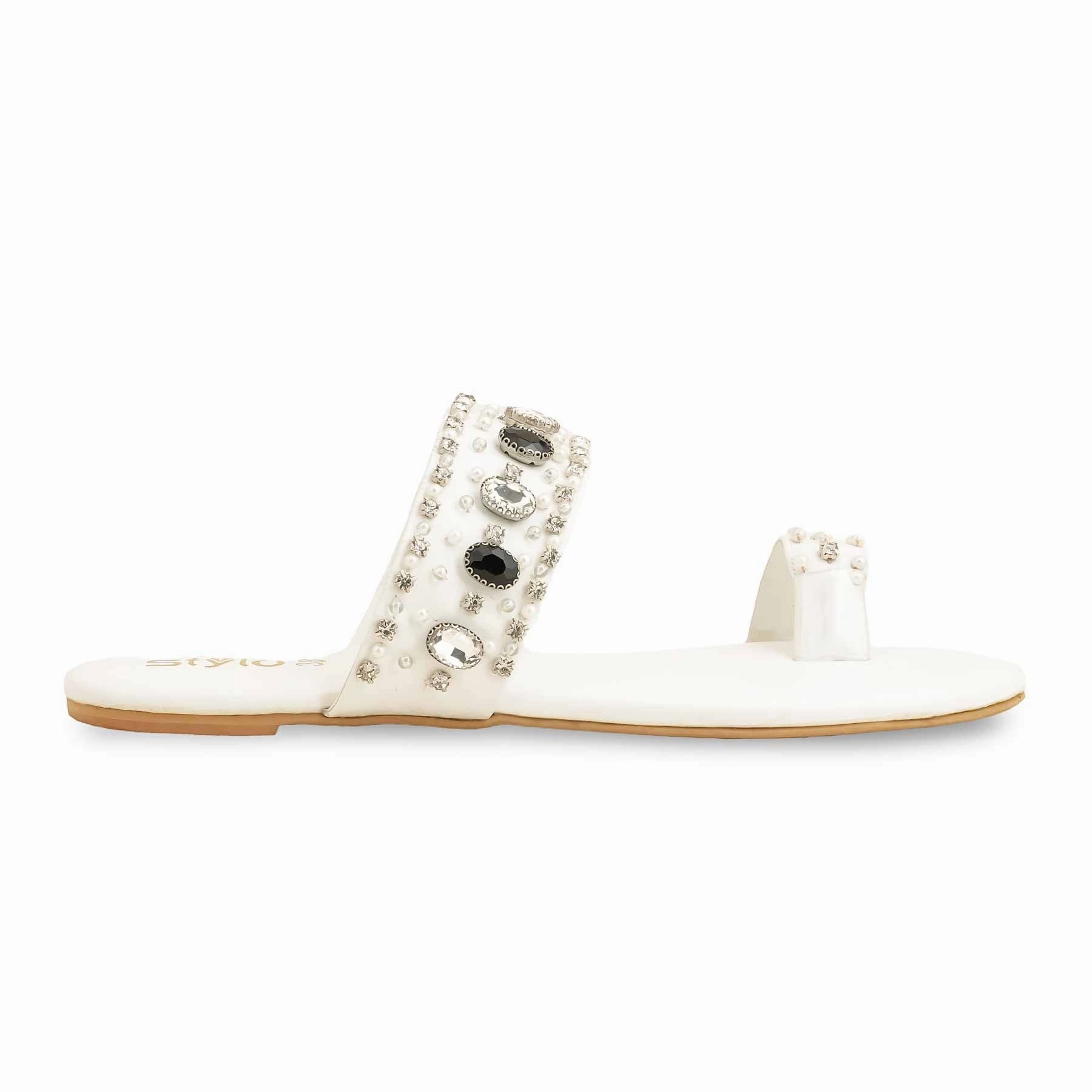 White Fancy Women Chappal EC0220 Chic Flat Shoes