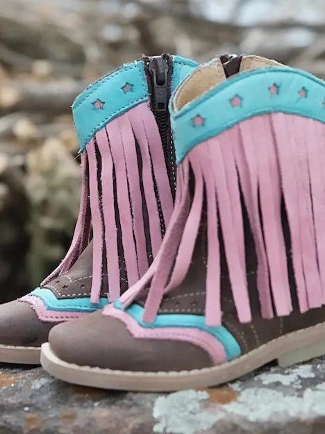 Helms Boots Stylish Pink Fringe Cowgirl Leather Boots for Kids with Side Zipper - Comfortable Footwear for Young Girls