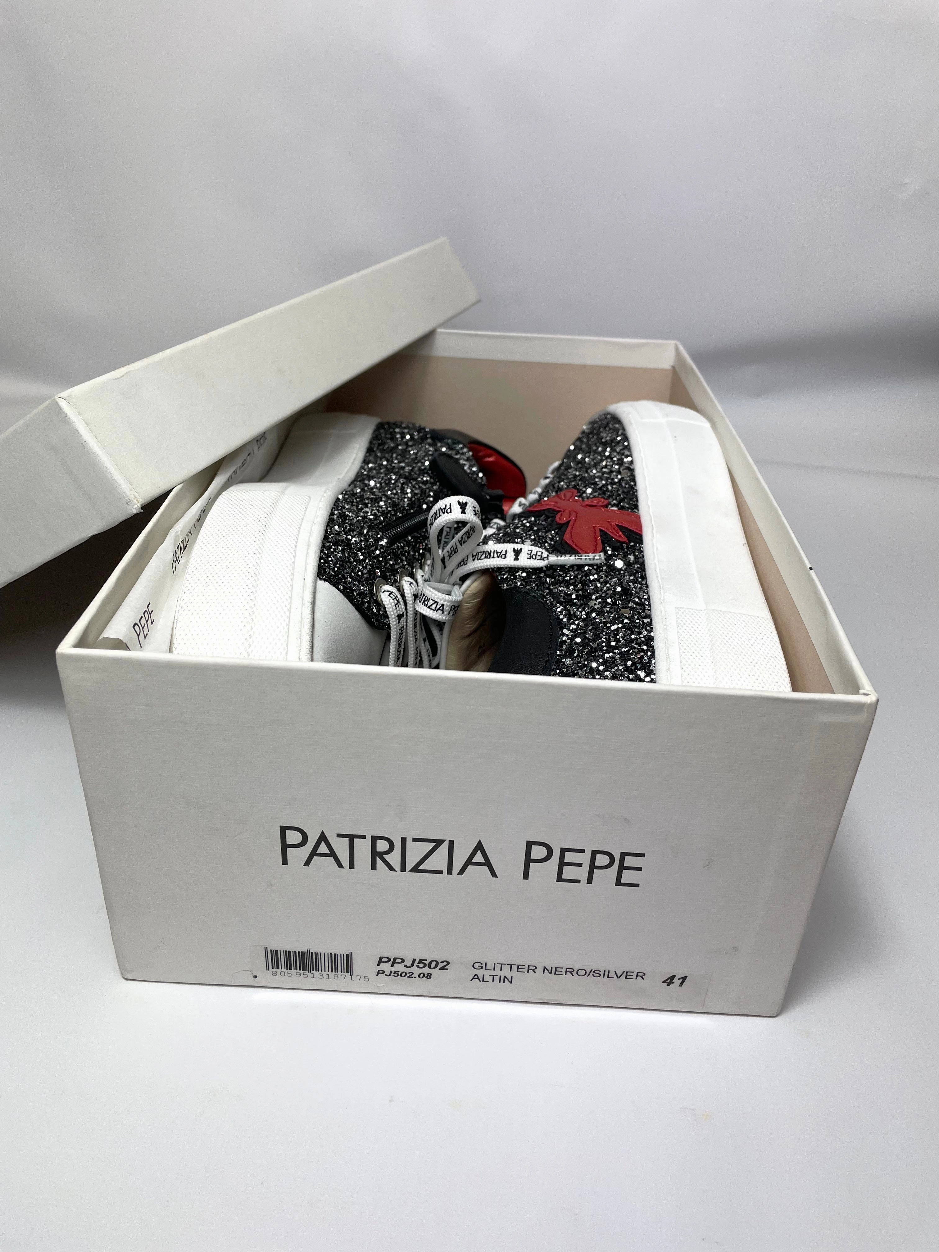 Snake Print Shoes Flats PATRIZIA PEPE Women's Glitter Sneakers in Nero/Silver UK 7/EU 41