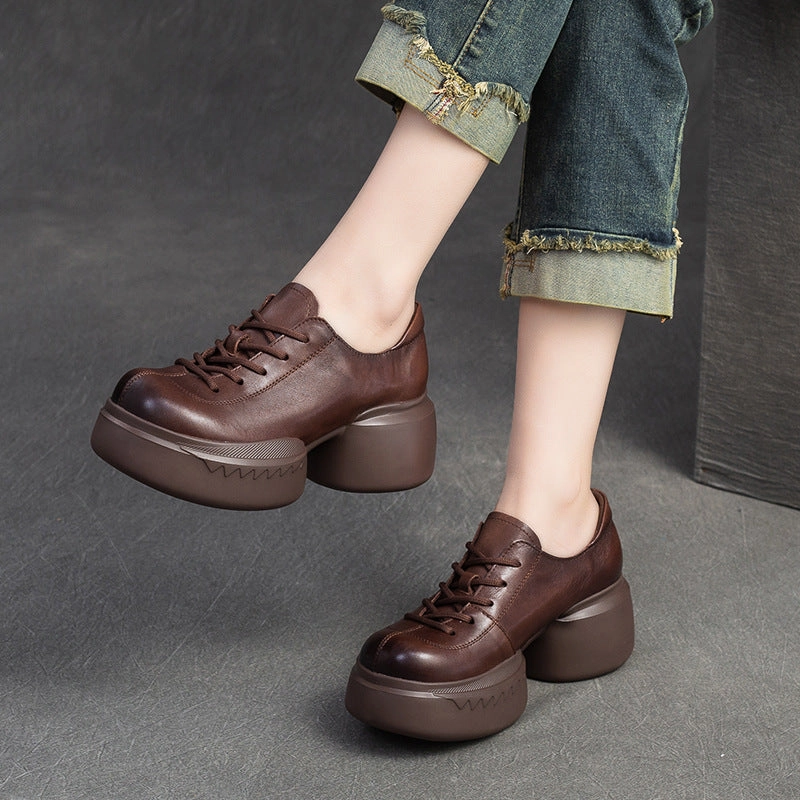 Women Minimalist Solid Leather Chunky Platform Casual Shoes Ladies Casual Golf Shoes