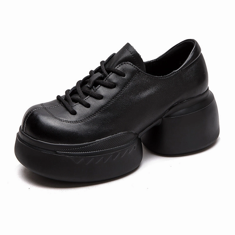 Preppy Casual Shoes Women Minimalist Solid Leather Chunky Platform Casual Shoes
