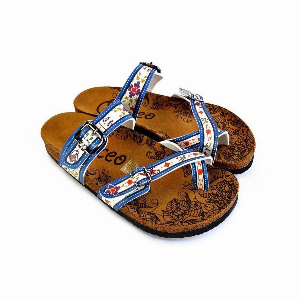 Redhead In High Heels Dark Blue, Black and Cream Banded, Mosaic Color Flowers Patterned Sandal - CAL1015