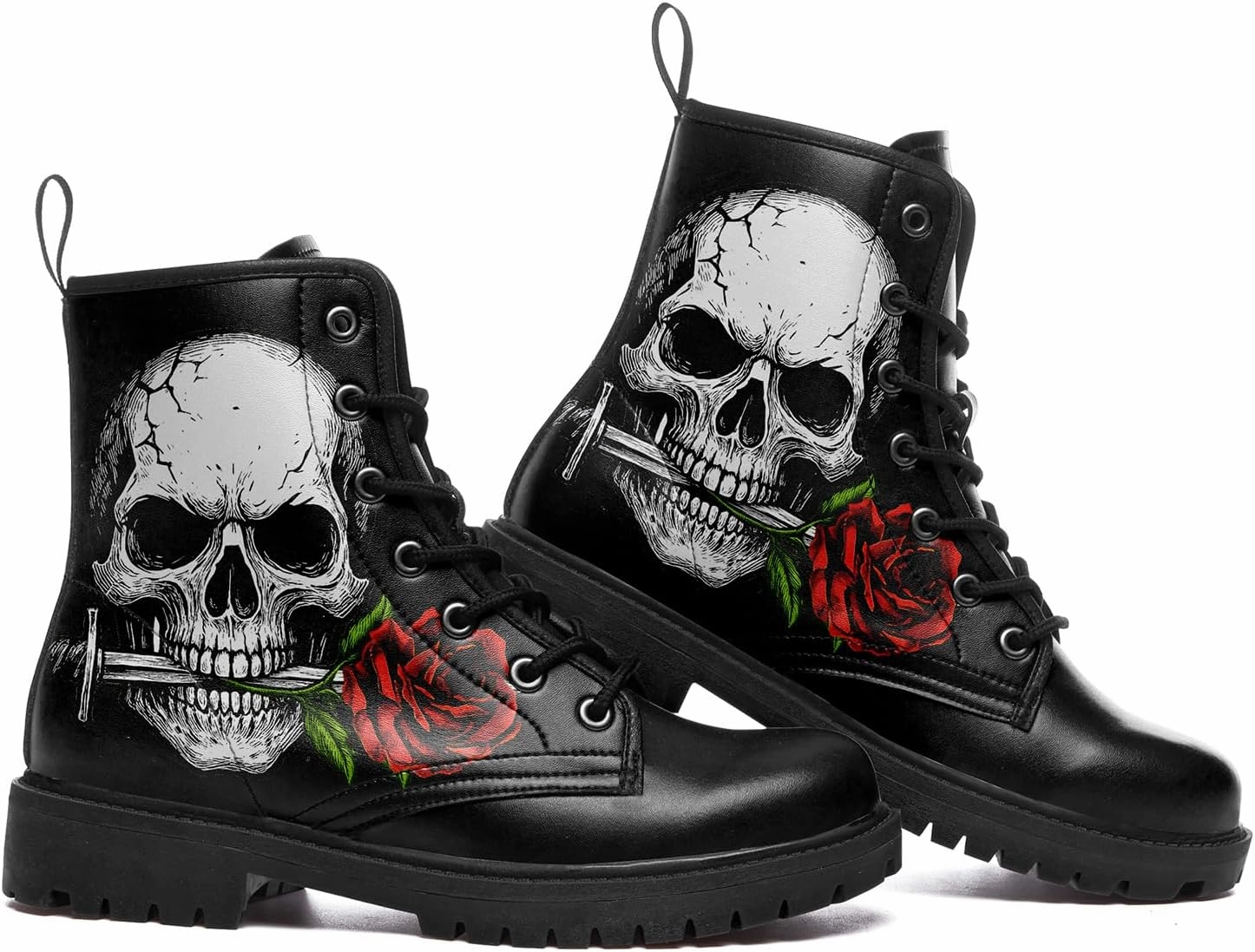 Black Skull Rose Combat Boots for Women Fashion | Lace-Up Skull Rose Ankle Booties Chunky Heel Platform Leather Boots  CC-BOOTS-25023165-1