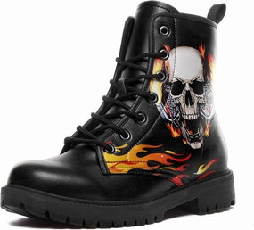 Muddy Boots Black Skull Rose Combat Boots for Women Fashion | Lace-Up Skull Rose Ankle Booties Chunky Heel Platform Leather Boots  CC-BOOTS-25023165-1