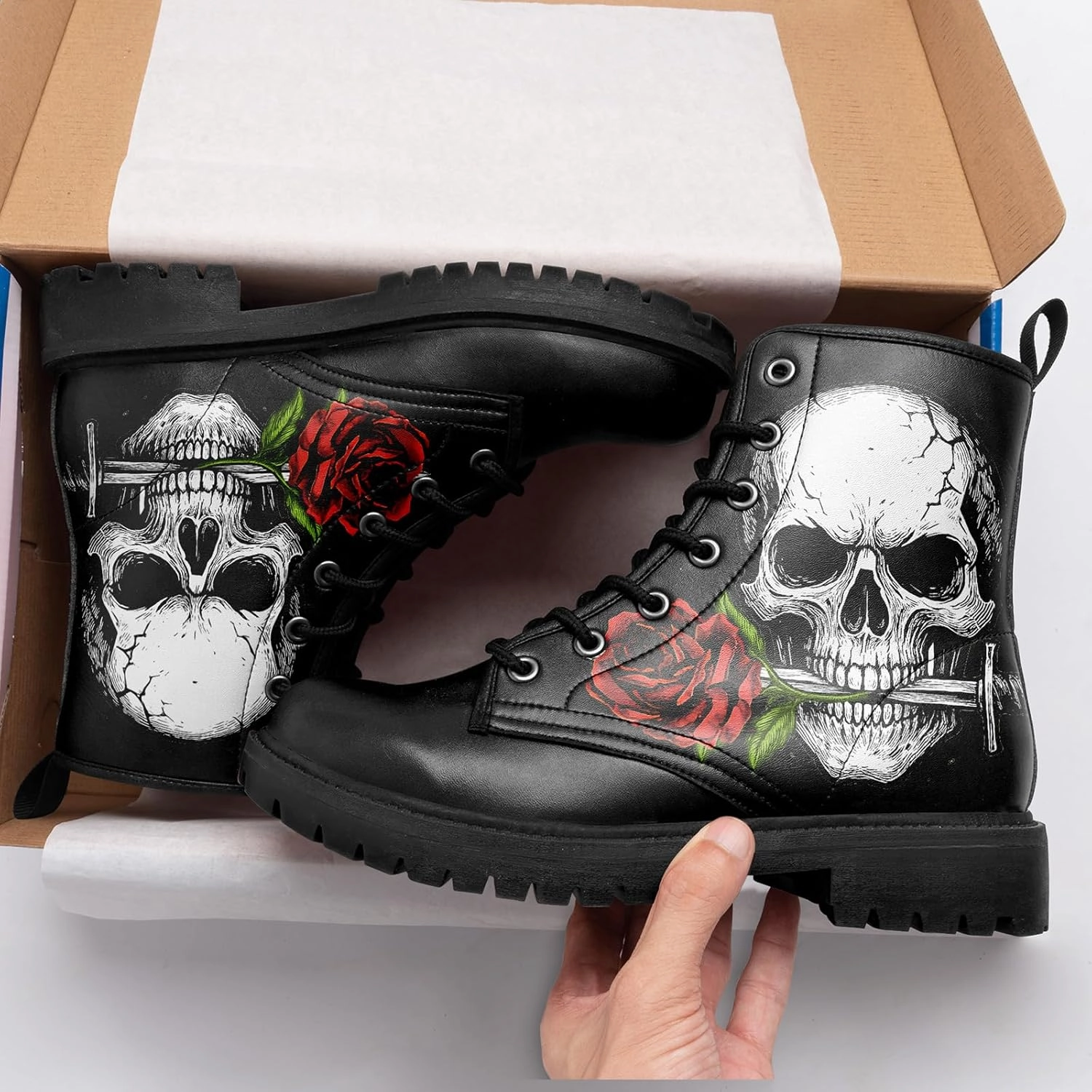 Black Skull Rose Combat Boots for Women Fashion | Lace-Up Skull Rose Ankle Booties Chunky Heel Platform Leather Boots  CC-BOOTS-25023165-1