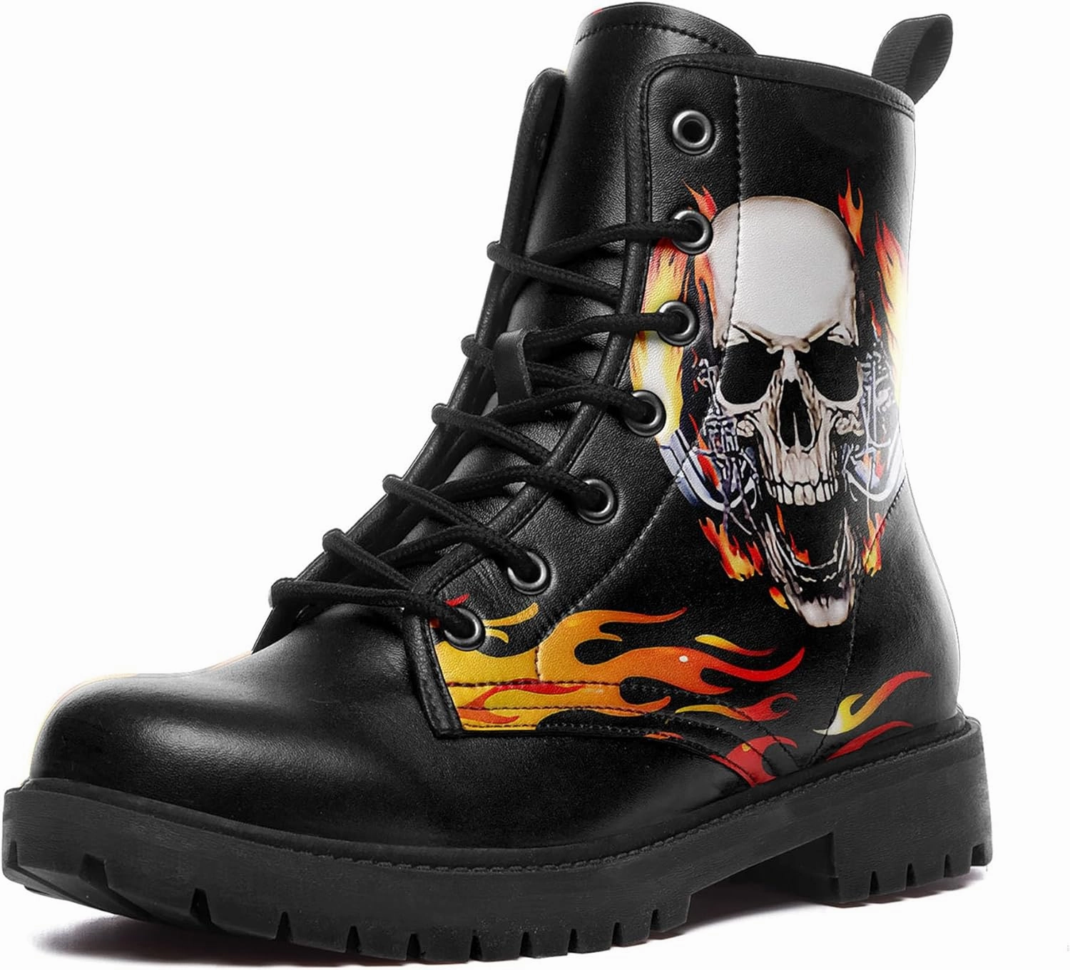 Black Skull Rose Combat Boots for Women Fashion | Lace-Up Skull Rose Ankle Booties Chunky Heel Platform Leather Boots  CC-BOOTS-25023165-1 Bling Cowgirl Boots