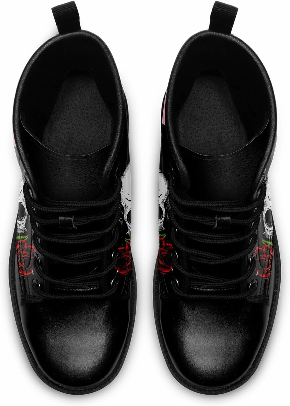 Black Skull Rose Combat Boots for Women Fashion | Lace-Up Skull Rose Ankle Booties Chunky Heel Platform Leather Boots  CC-BOOTS-25023165-1