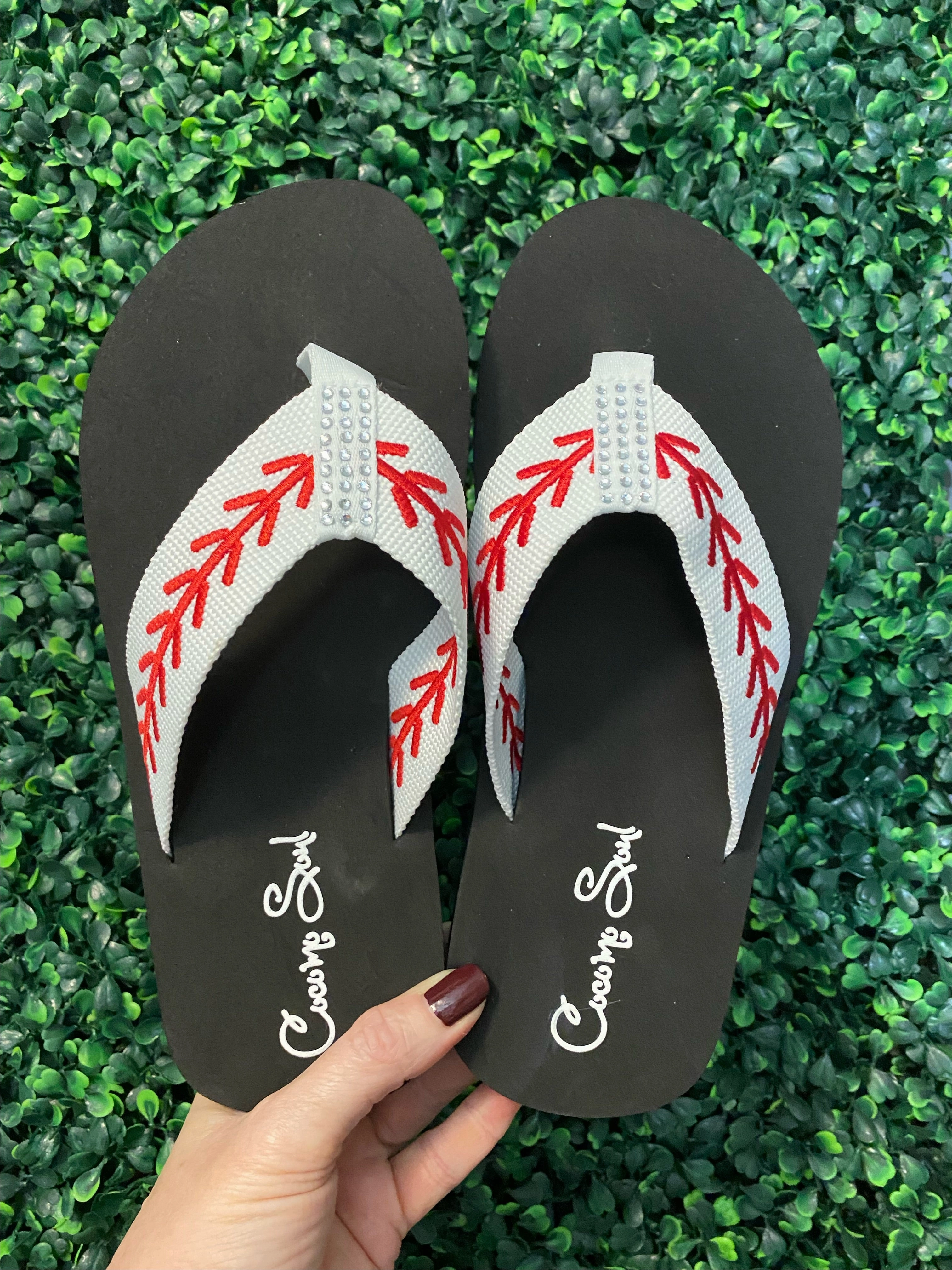 Rhinestone Baseball Embroidered Baseball Flip Flops Sandals Slippers Flip Flops Virginia Beach