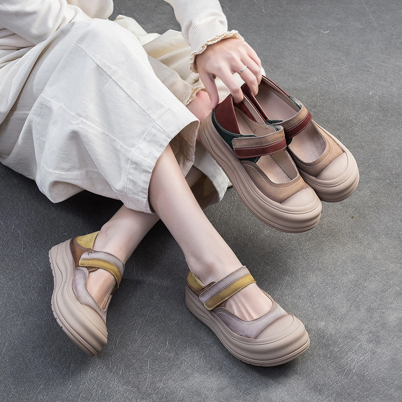Women Fashion Color Matching Leather Thick Soled Casual Shoes Casual Flat Dress Shoes