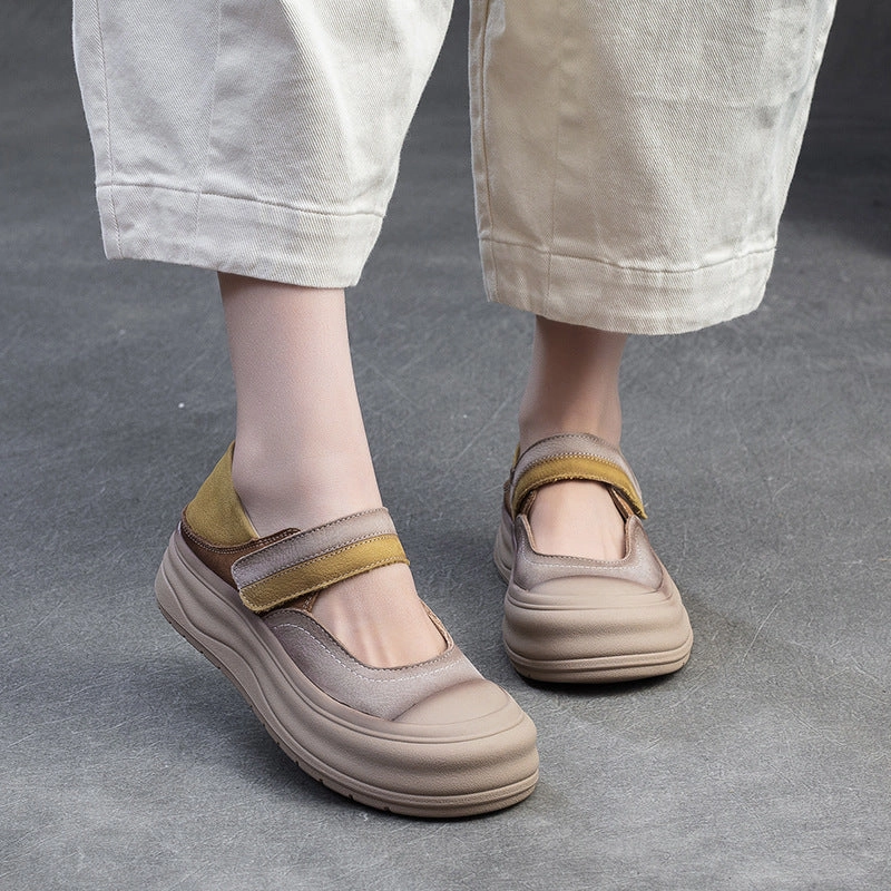 Casual Canvas Lace Up Shoe Women Fashion Color Matching Leather Thick Soled Casual Shoes