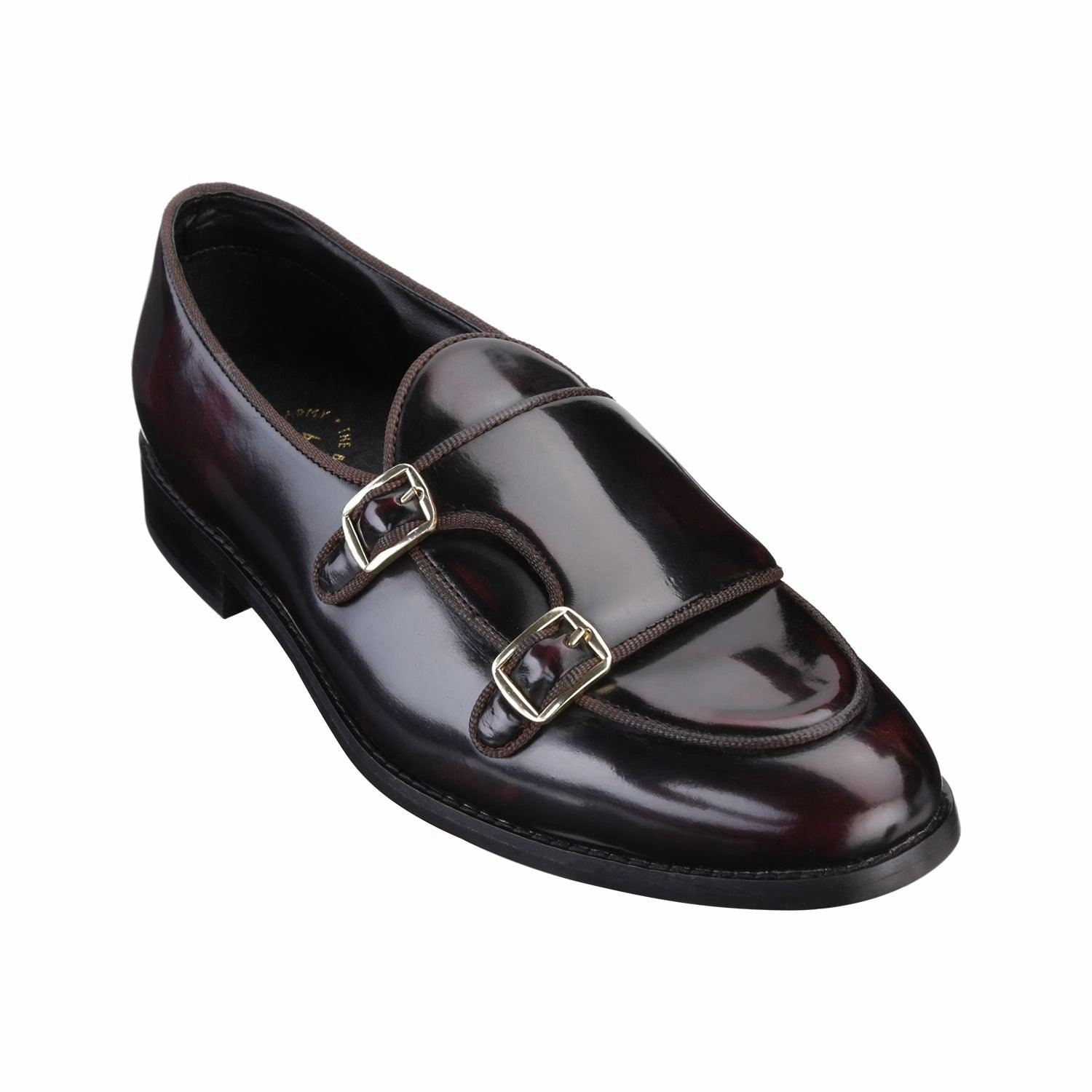 Bello Patent Cherry/Black Double Monk Loafers Slip On Heels Open Toe