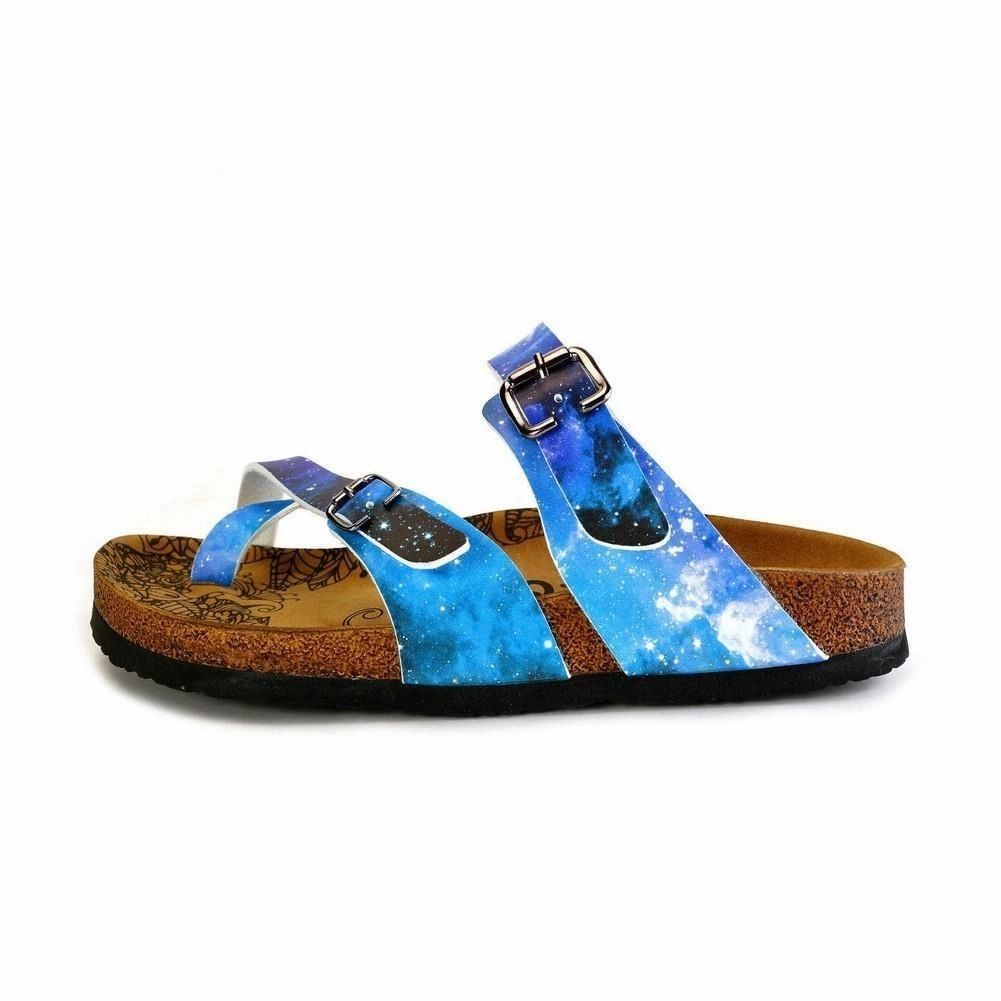 Heels For Wide Feet Blue, Black, Light Blue Tones and Glittering Sky Pattern Sandal - CAL1014