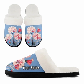 Elegant Carnation Floral Plush Lined Slippers, Cozy Botanical Art Print House Shoes FN089-25028154 Slippers With Hard Sole