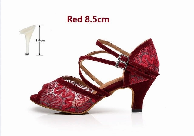 Women Black/Red Lace Latin Salsa Ballroom Dance Shoe Female Tango Samba Kizomba Waltz Dance Shoes High Heels 5/6/7.5/8.5cm VA20