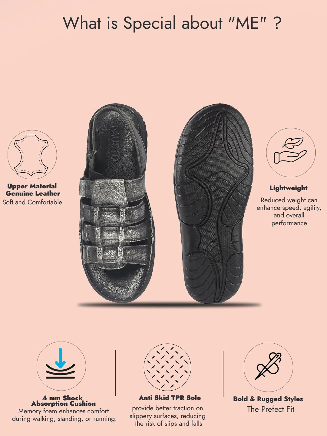 Heeled Platform Sandals Men Black Genuine Leather Multi Strap Open Toe Broad Feet Roman Sandals with Adjustable Back Strap|All Day Comfort with Cushioned Footbed|Slip Resistant Lightweight Sole