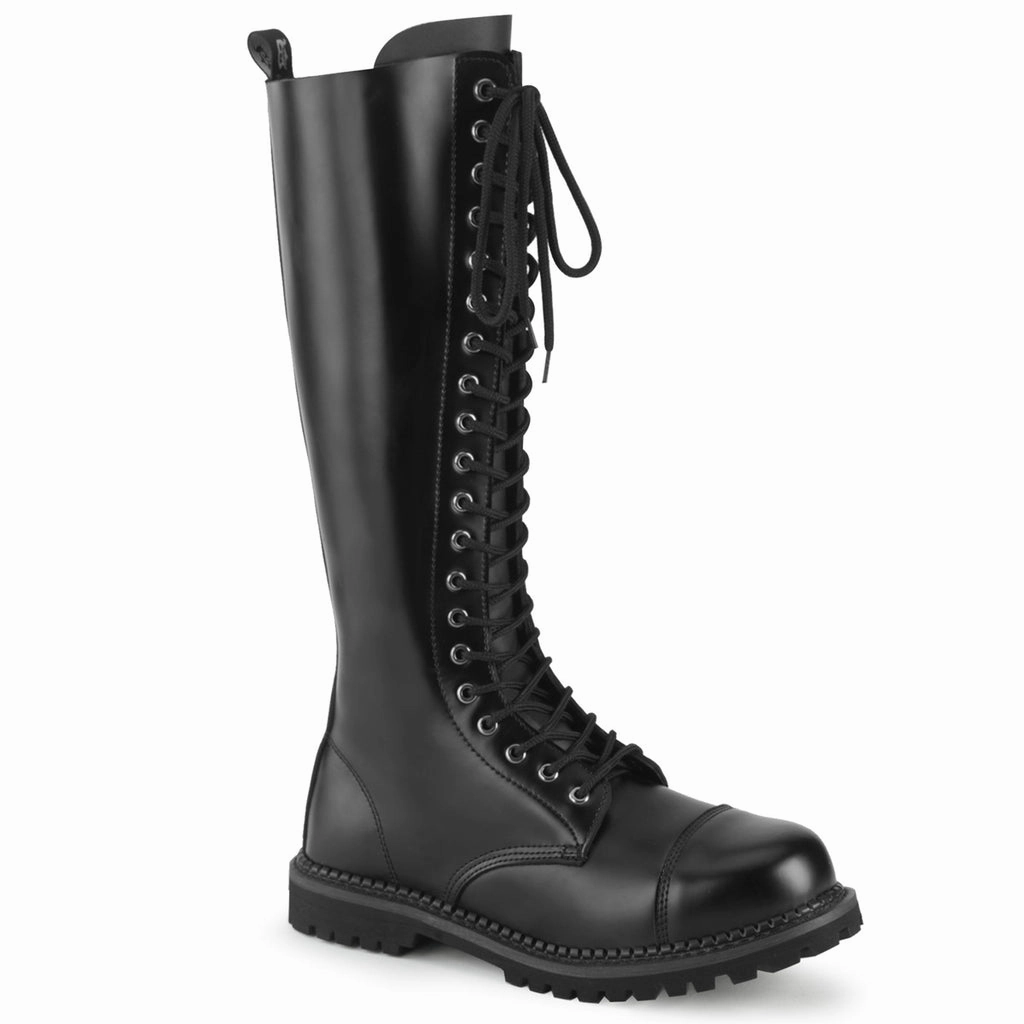 Demonia 20 Eyelet Black Leather Knee Boots Combat Style Boots