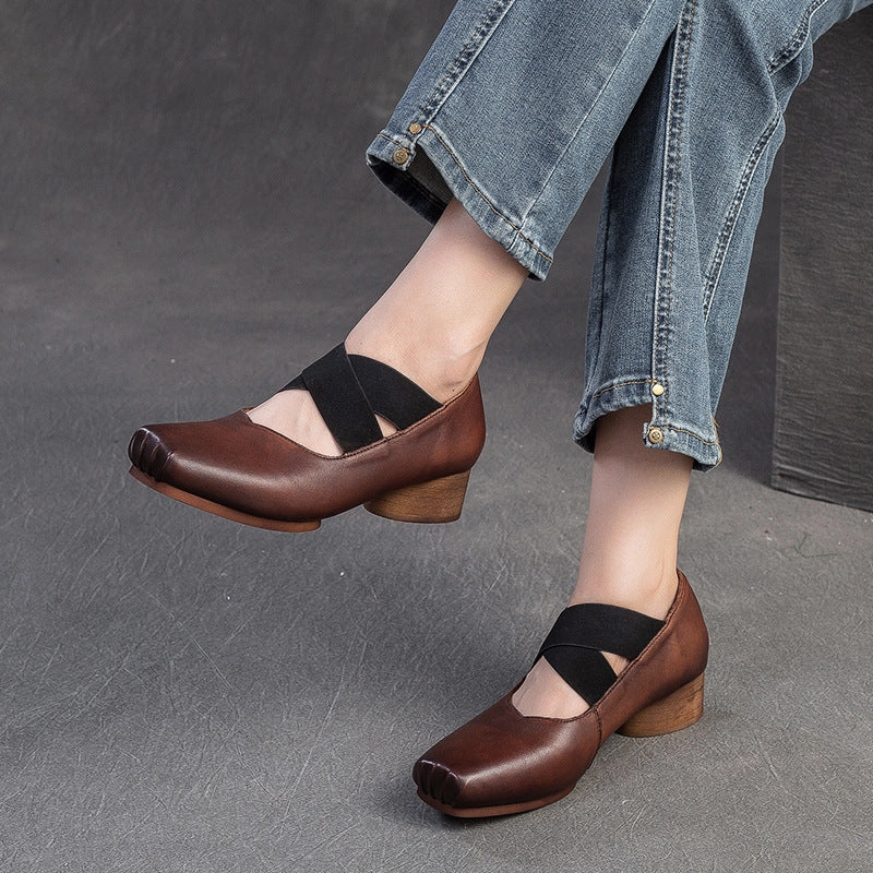 Women Retro Leather Cross Strap Low Block Casual Shoes Casual Summer Dress Shoes